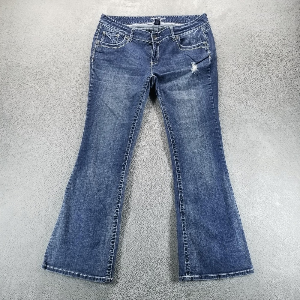 Amethyst Jeans Womens 16 Blue Bootcut Low Rise Flap Pockets Distressed Stretch